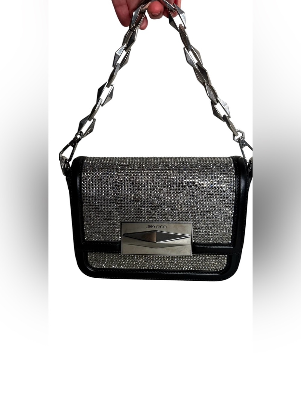 Jimmy Choo Silver Crystal Shoulder Bag Black Leather Trim Chain Strap